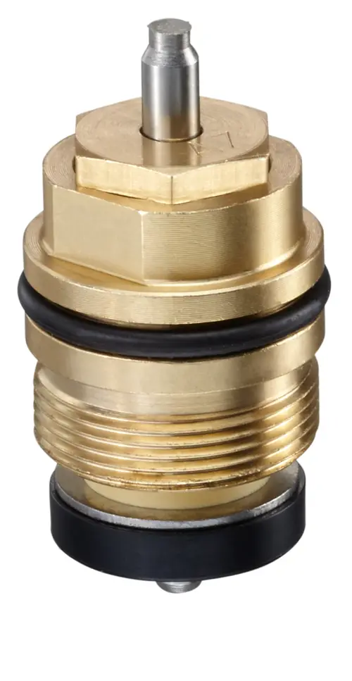 Ventileinsatz aus Messing für Thermostatventile, mit einer Metallspitze und Gummidichtung. Oventrop-Produkt, geeignet für verschiedene Rohrdurchmesser.